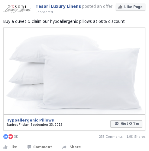 Facebook posted promotional offer advertisement